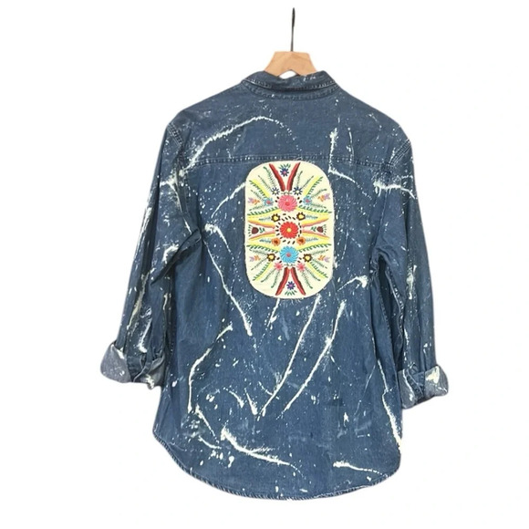 Apparel Unlimited Floral Embroidery Tie Dye Denim Long Sleeve Button Down Shirt - Picture 2 of 8
